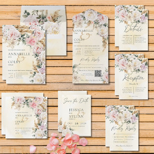 Save The Date Boho Pampas & Roses Rose Mariage