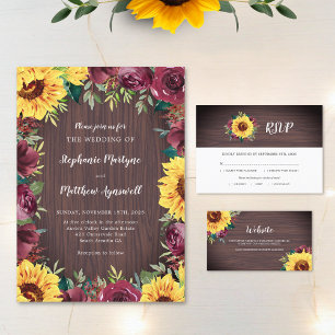 Invitation Sunflower Bourgogne Rose Frontière Mariage bois