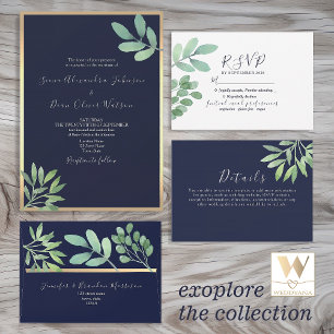 Invitation Tout En Un Russe Eucalyptus Mariage bleu marine
