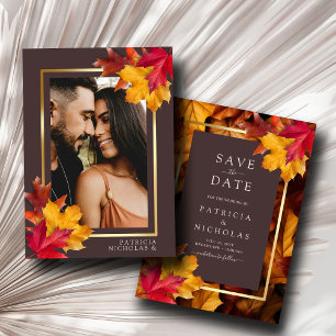 Invitation Automne Woody Brown & Elegant Golden Frame Mariage