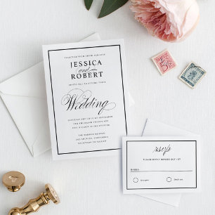 Faire-part de mariage de script élégant noir et bl