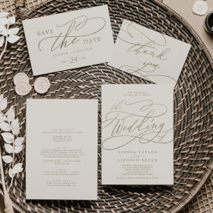 Invitation Calligraphie d'or romantique ivoire tout en un Mar