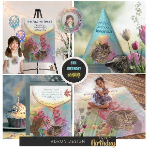 Invitation Cute Kitten Girl tulips Anniversaire