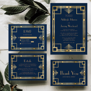 Invitation Marine Blue Gold Geo Vintage 1920 Déco Mariage