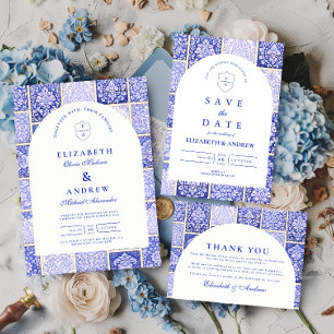 Klassiek Blauw Porselein Patchwork Bruiloft Save The Date