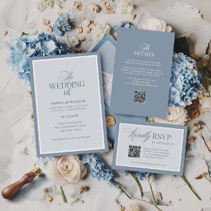 Cartons Réponse Classique Luxe   Élégant Code QR Mariage Bleu Pous