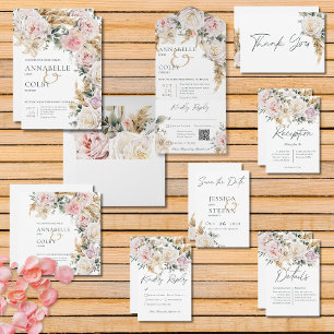 Invitation Boho Pampas & Roses Rose Carré Mariage blanc
