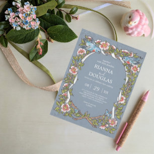 Invitation Rustique Dusty Blue & White Floral Bird Mariage