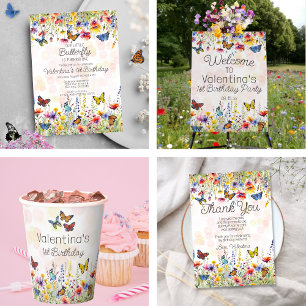 Sticker Rond Fleurs sauvages et papillons colorés fête d'annive