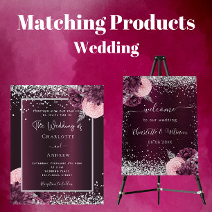 Invitation Burgundy argent floral élégant luxe mariage