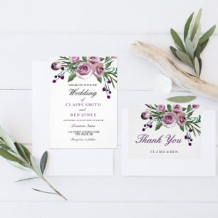 Invitation Romantique Argent violet Rose Floral Mariage Invit