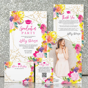 Gouden glitter boho vet bloemenfoto afstuderen bedankkaart