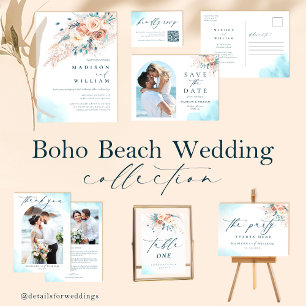 Invitation Sur la plage Turquoise bleu aquarelle Mariage Flor