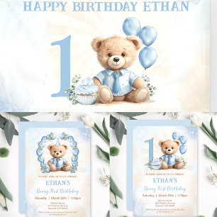 Serviette En Papier Teddy Bear 1er Anniversaire Papier Bleu Beige Napl
