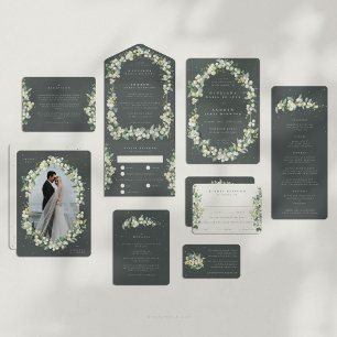 Invitation Elégant Gris Vert Snowberry+Eucalyptus Mariage