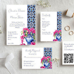 Save The Date Carrelage bleu Bougainvillea mariage élégant