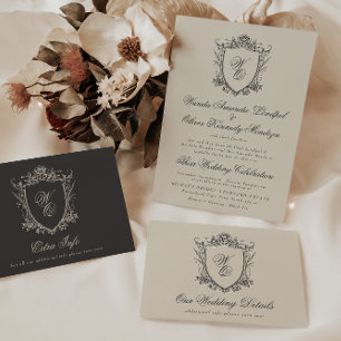 Carte D'accompagnement Classic Beige Charcoal Floral Crest Mariage Détail