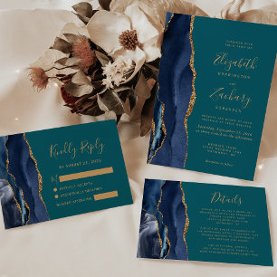 Chic Navy Blue Gold Agate Faire-part de mariage Tu
