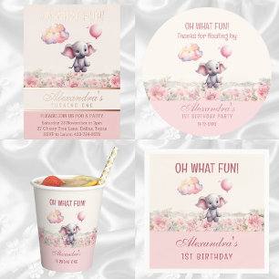 Gobelets En Papier Bébé rose mignonne fille éléphant 1er anniversaire