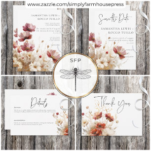 Invitation Rustique rouge et Fleurs sauvages d'aquarelle d'or