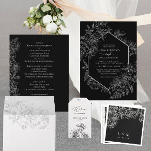 Carte D'accompagnement Elégant noir blanc Floral Détails Mariage Enclos