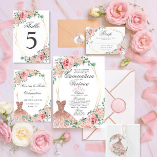 Invitation Elégante aquarelle rose espagnol Quinceañera Quinc