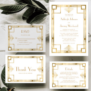 Invitation Elégant White Gold Geo Vintage 1920 mariage déco