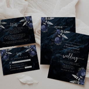 Carte D'accompagnement Bleu Nuit Argent Floral Agate Écriture Mariage RSV
