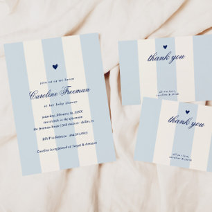 Invitation Baby Shower Moderne Cœur à Rayures Bleues pour la 