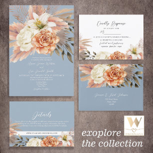 Invitation Dusty Blue Pêche Floral Mariage Réception