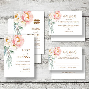 Invitation Chinois Elegant Peony Double Mariage de bonheur