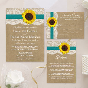Invitation Collection Kraft, dentelle et tournesol - Turquois