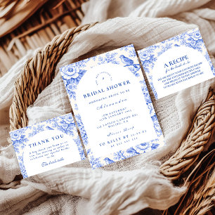 Elegante blauwe toile bloemrijke bruidsdouche bedankkaart