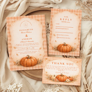 Cartons Réponse Mariage automnal de citrouille à carreaux rustique