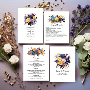 Menu Mariage floral bleu, violet, or et noir