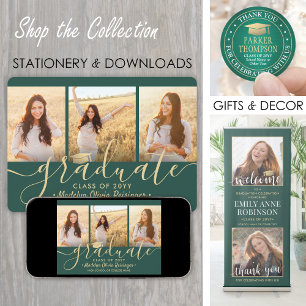 Invitation 4 Photo Collage Script Green Gold Graduation Party