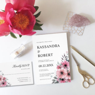 Invitation Aquarelle Floral gris rose Mariage d'anémone