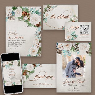 Save The Date Mariage blanc d'hiver Roses et Pine Photo