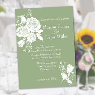 Invitation Tout En Un Roses blanches sur Sage All in One Wedding Invitat