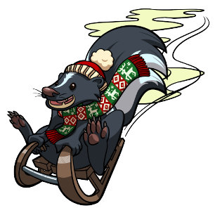 Skunk op een slee actie kerst sleeën Cartoon Feestdagen Kaart