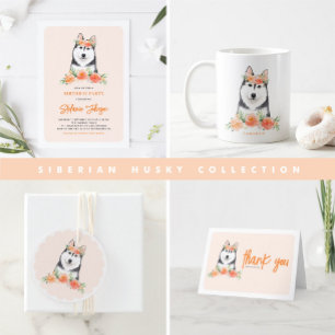 Serviette En Papier Cute Husky Sibérien et Fleurs de Pêche Anniversair