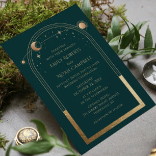 Invitation Tout En Un Mystique Vert Or Soleil Lune Espace Astronomique