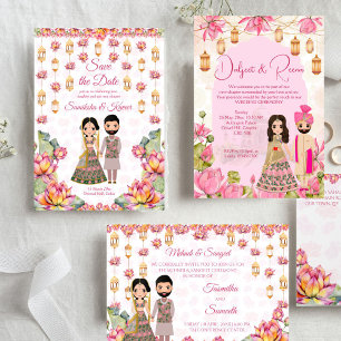 Invitation Lotus lanterns Mariage indien enregistrer la date 