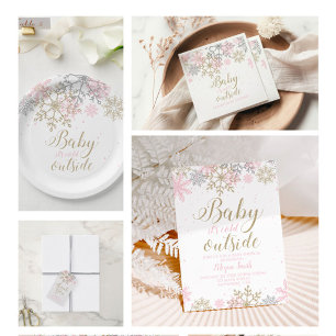 Snowflake Roze en Glitter Winter Baby shower Kaart