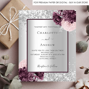 Silver burgundy floral bruiloft-uitnodiging