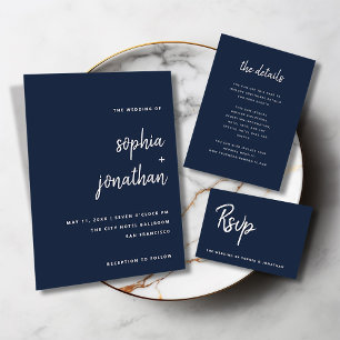 Invitation Script minimaliste moderne   Mariage bleu marine