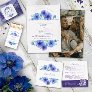 Invitation Aquarelle florale d'anémone bleu photo mariage