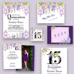 Invitation Quinceanera florale Elégante purple Wisteria