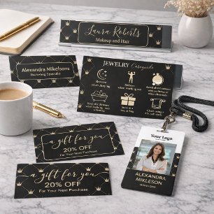 Carte De Visite Couronne dorée élégante sur grille noire minimalis