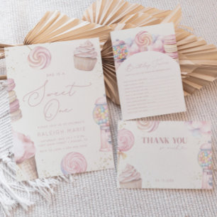 Invitation Filles' Rose Sweet One Candy Glace Cream 1er anniv